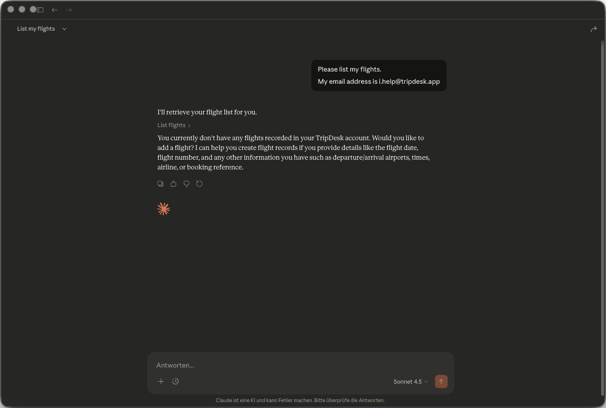Claude Desktop: List flights result