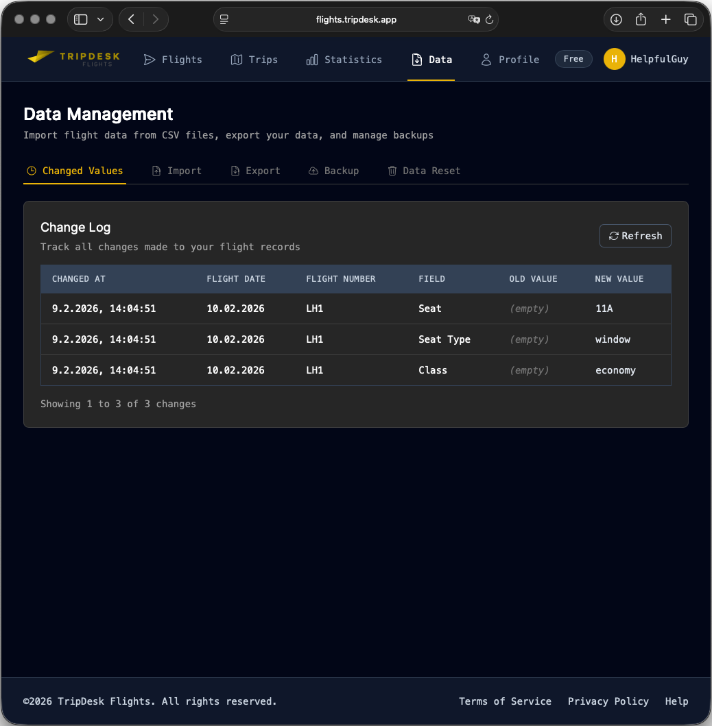 Flight change history